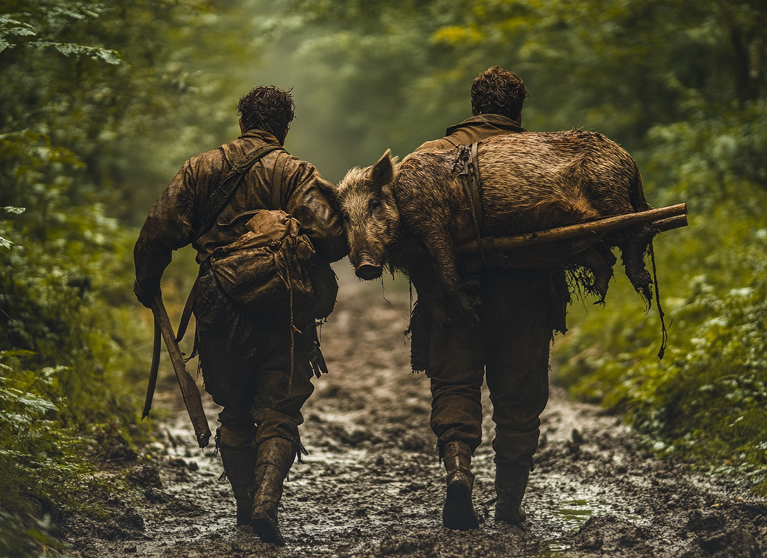 Zwei Jäger tragen ein erlegtes Wildschwein durch den Wald