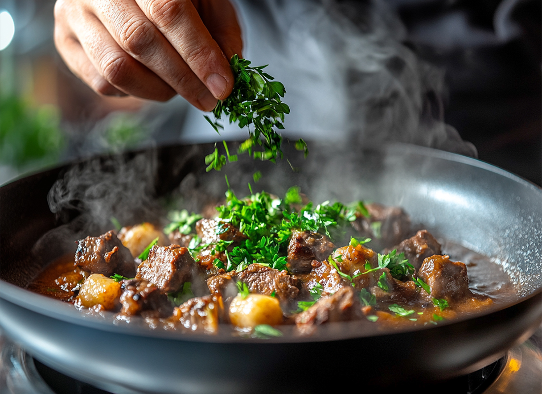 Hirschgulasch mit Kräutern in einer dampfenden Pfanne