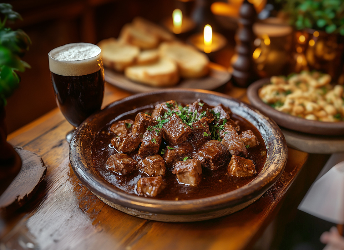 Wildschweingulasch in dunkler Biersauce mit einem Glas Dunkelbier