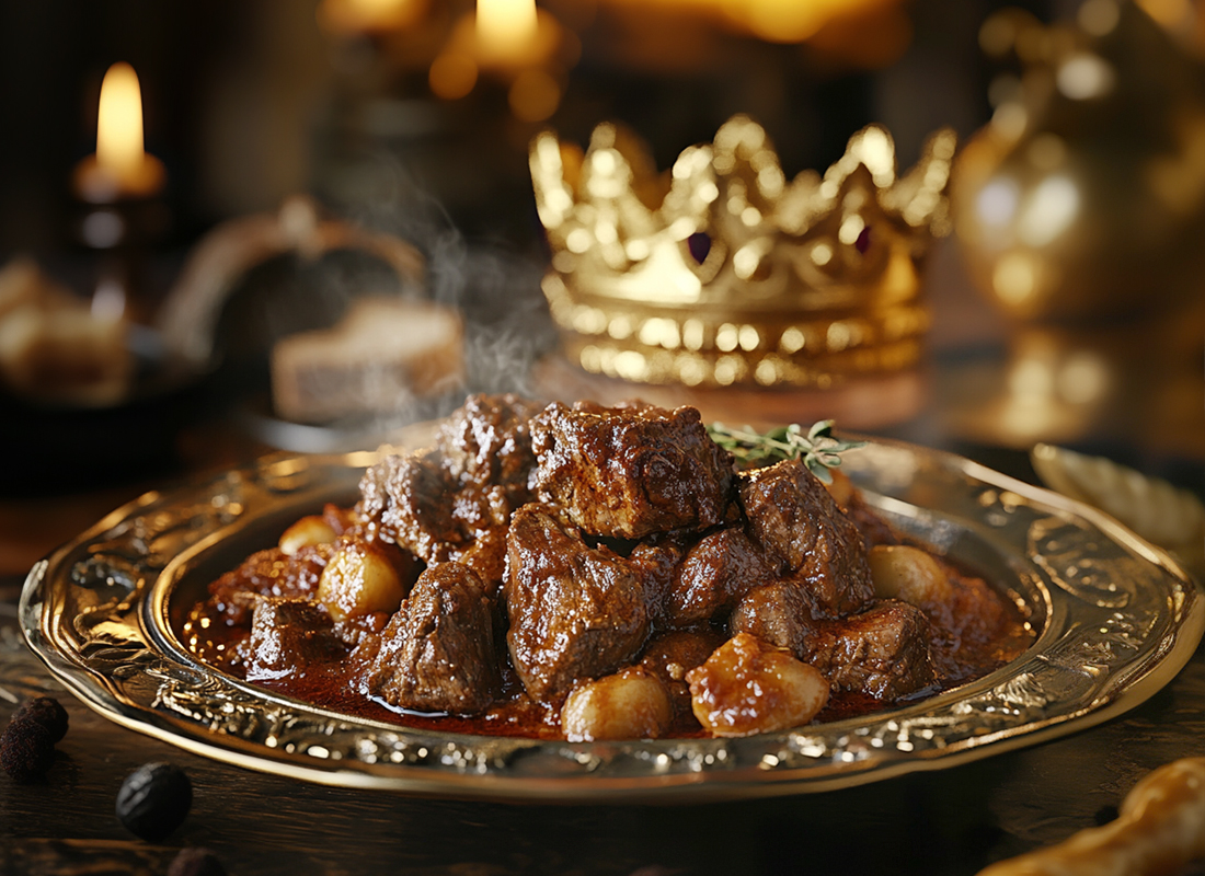 Hirschgulasch auf silberner Platte vor einer Krone