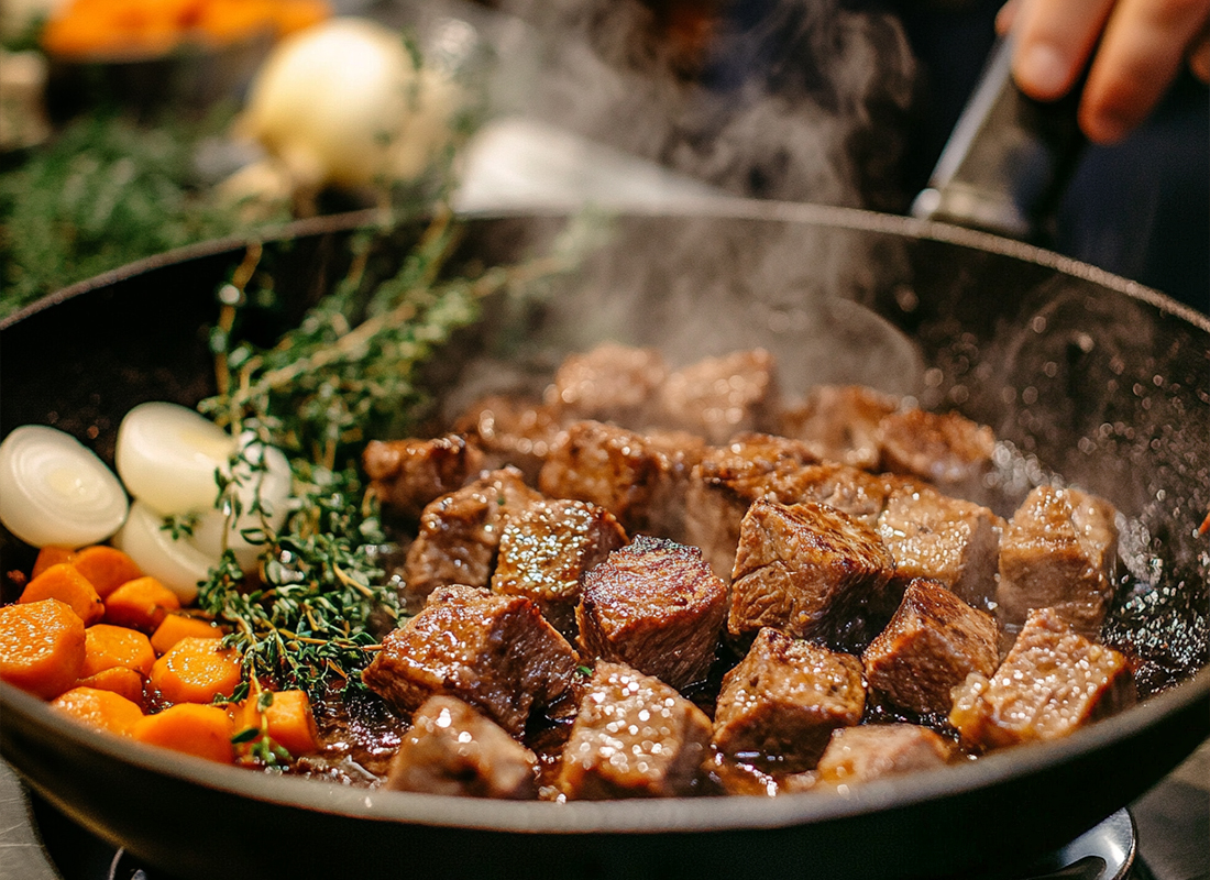 Hirschfleischwürfel werden mit Möhren, Zwiebeln und Thymian angebraten