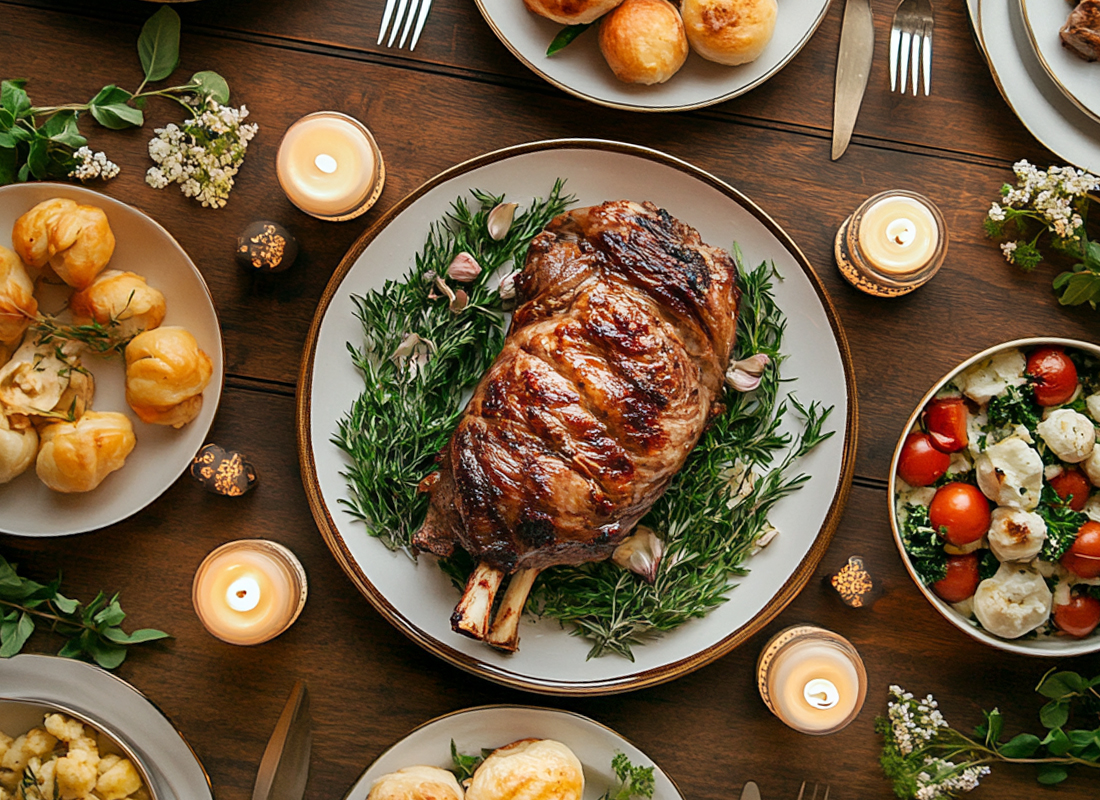Hirschbraten mit Knochen, Rosmarin und Beilagen auf einer Festtafel