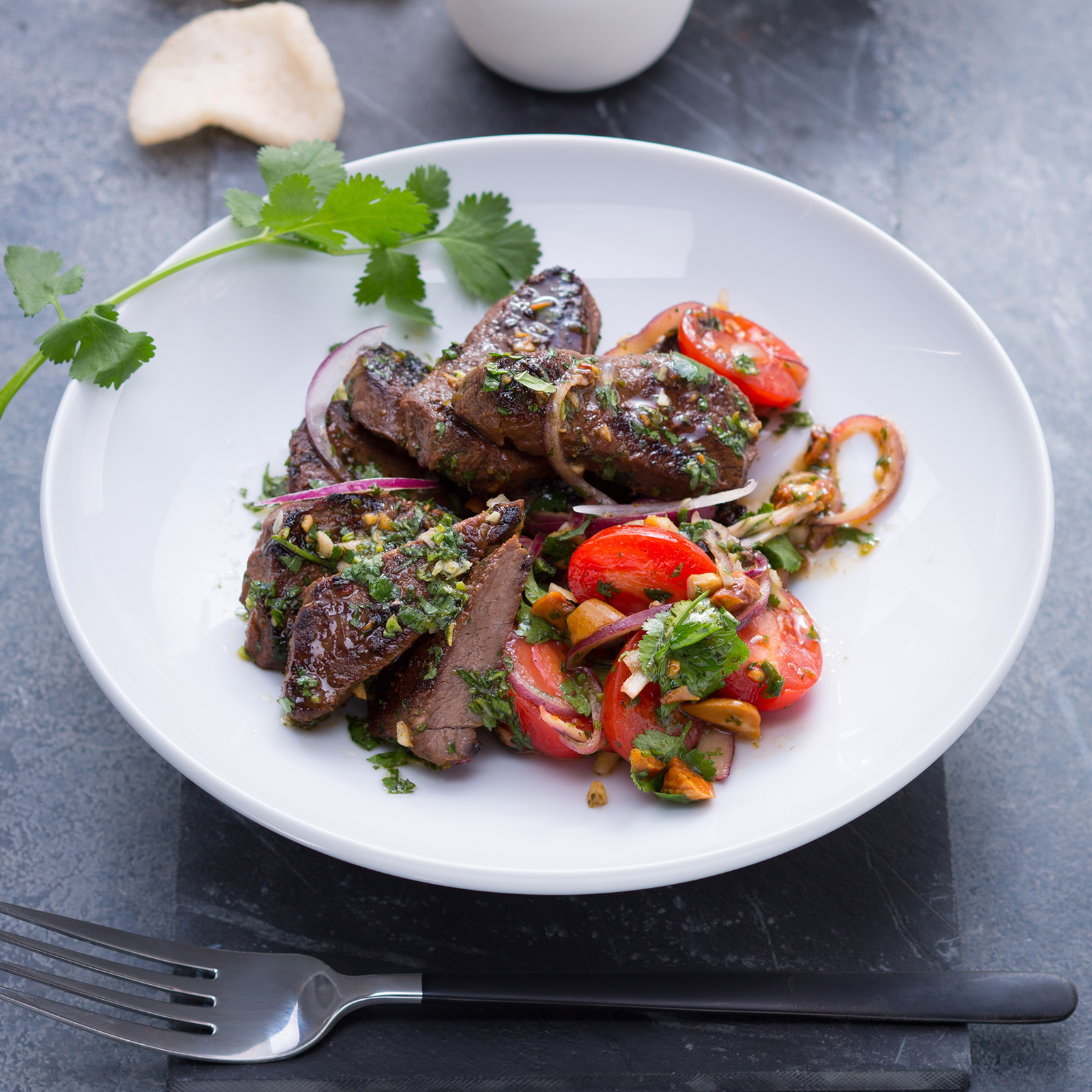 Thai-Hirschfilet mit Korianderblättern, roten Zwiebeln, Tomatensalsa und Krupuk